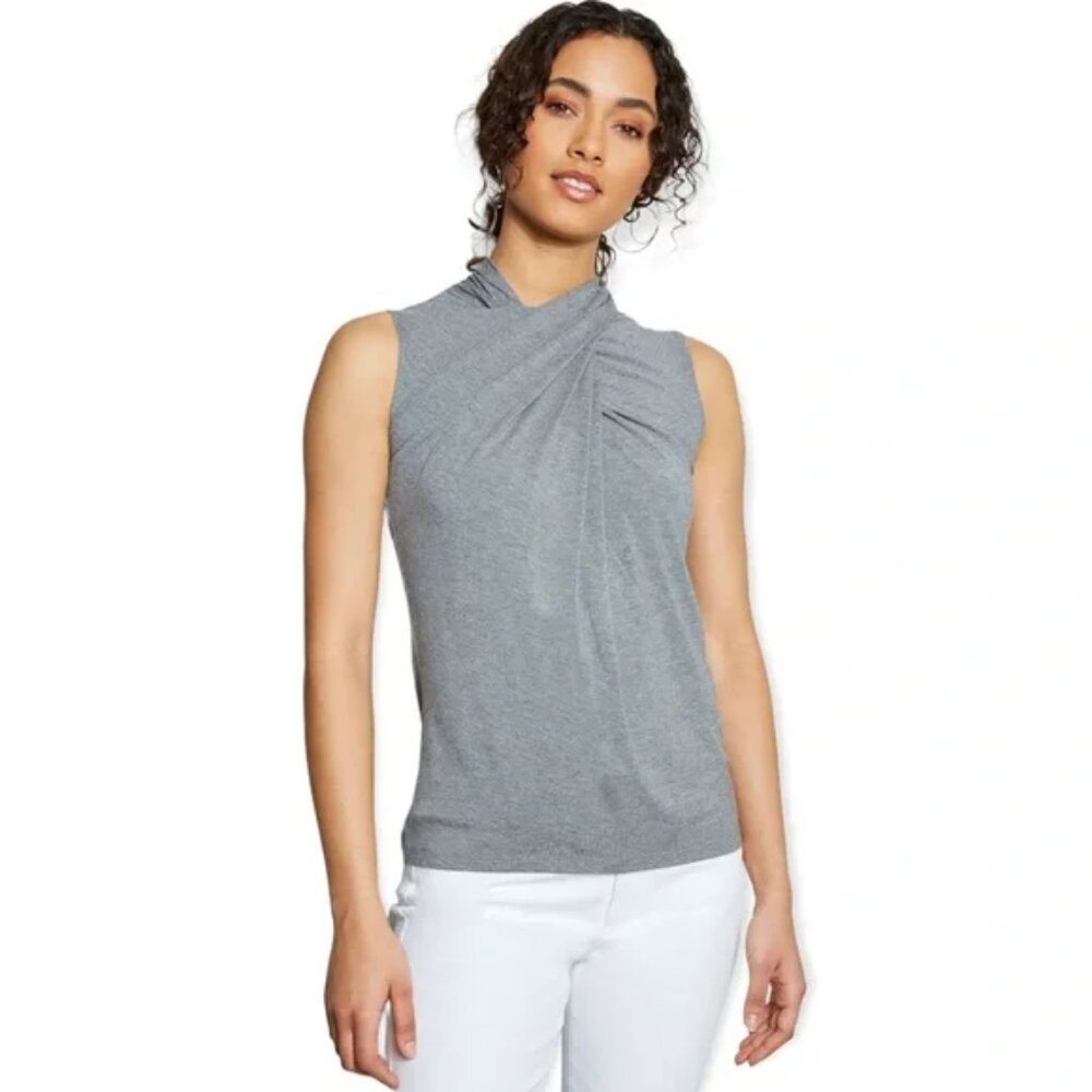 Elie Tahari Draped High Neck Gray Jersey Sleeveless Top